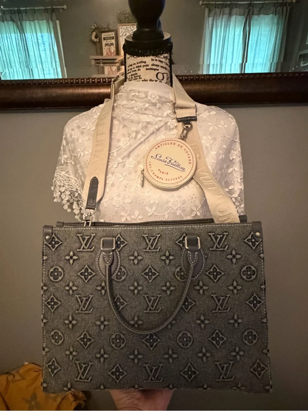 Louis Vuitton Embossed Monogram Tote in Gray with Cream Strap
